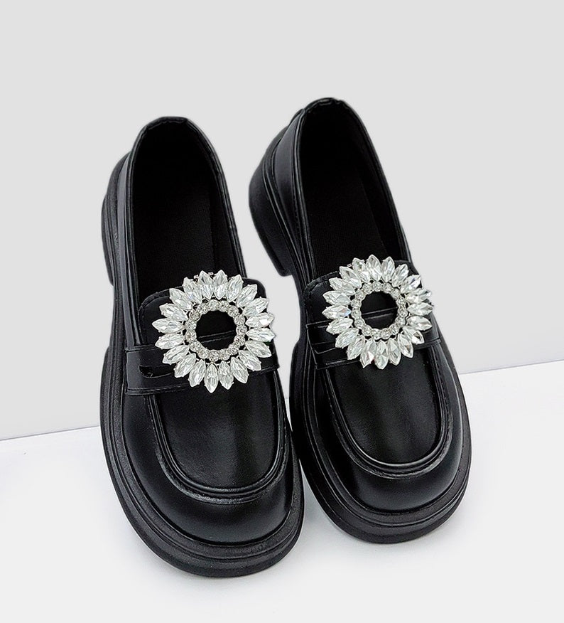 Sunflower marquise shoe buckle with rhinestone circle, 62mm size