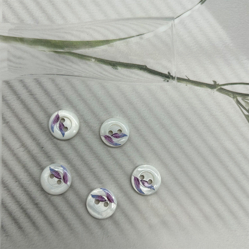 11.5mm Round 2-Hole Bevelled Shell Buttons Blue-Purple Leaves and Blue Ring Pattern 30pcs