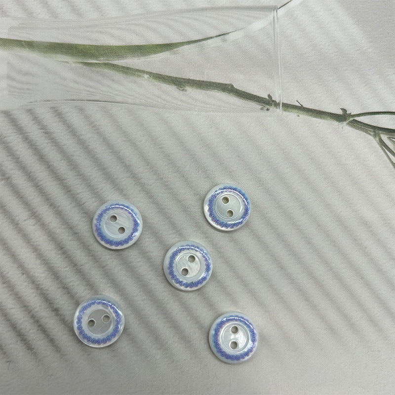 11.5mm Round 2-Hole Bevelled Shell Buttons Blue-Purple Leaves and Blue Ring Pattern 30pcs