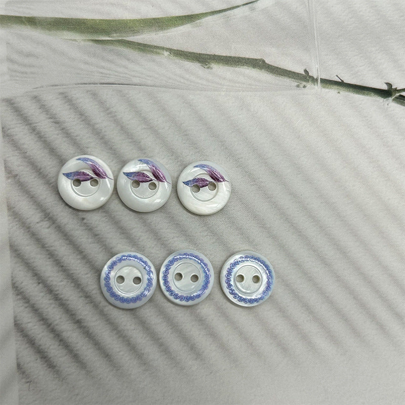 11.5mm Round 2-Hole Bevelled Shell Buttons Blue-Purple Leaves and Blue Ring Pattern 30pcs