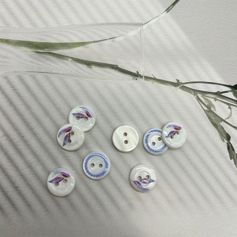 11.5mm Round 2-Hole Bevelled Shell Buttons Blue-Purple Leaves and Blue Ring Pattern 30pcs