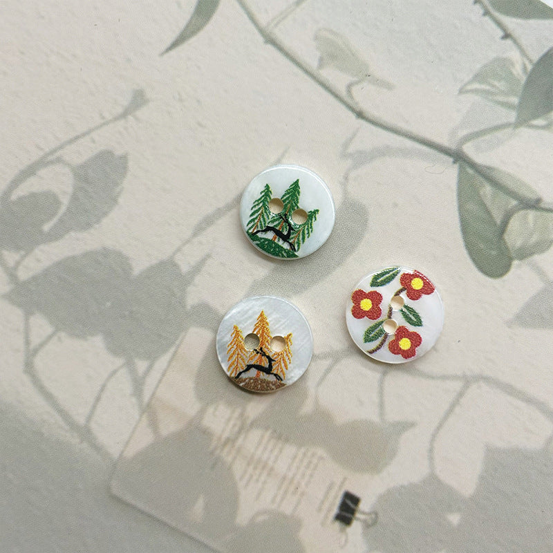 11.5mm Red Flower Green Leaf Deer in the Woods Two-Hole Shell Buttons 30pcs