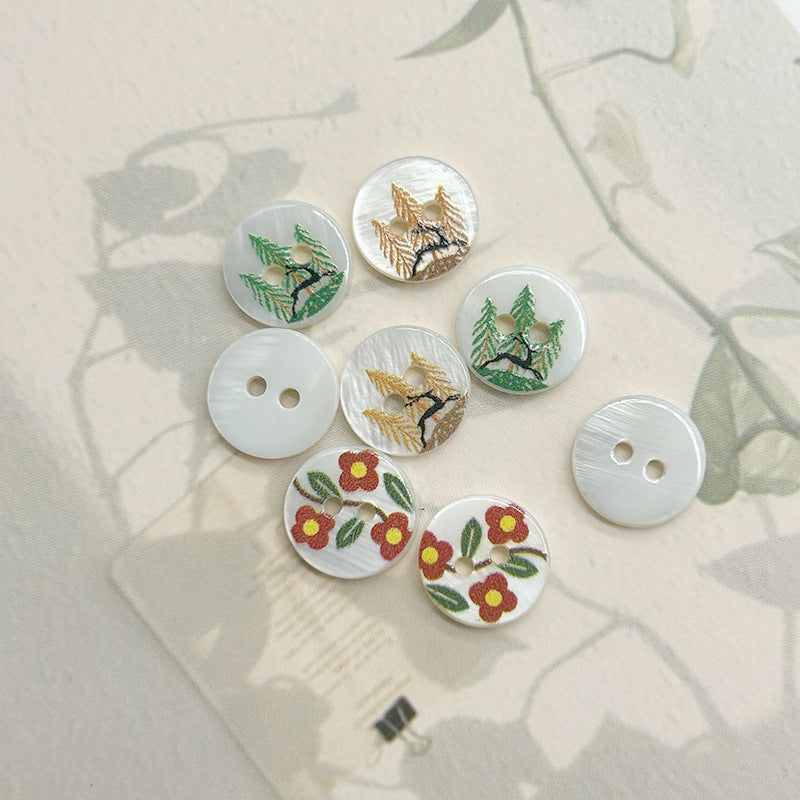11.5mm Red Flower Green Leaf Deer in the Woods Two-Hole Shell Buttons 30pcs