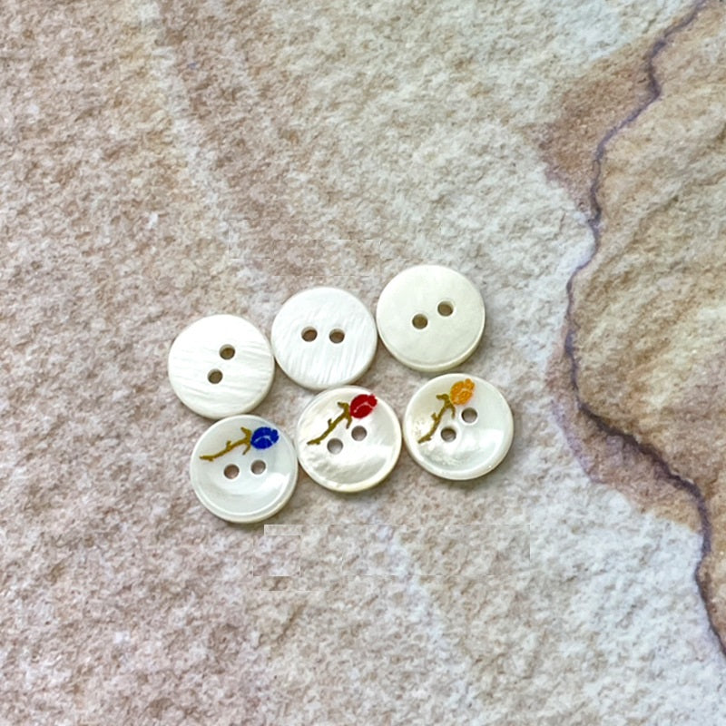 11.5mm 2-Hole Bowl-Shaped Shell Buttons Red Yellow Blue Rose Pattern 36 Pack