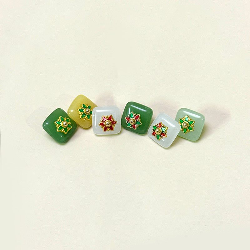 12mm Chinese Style Square Glass Buttons with Flower Base for Tang Suit Hanfu 50pcs