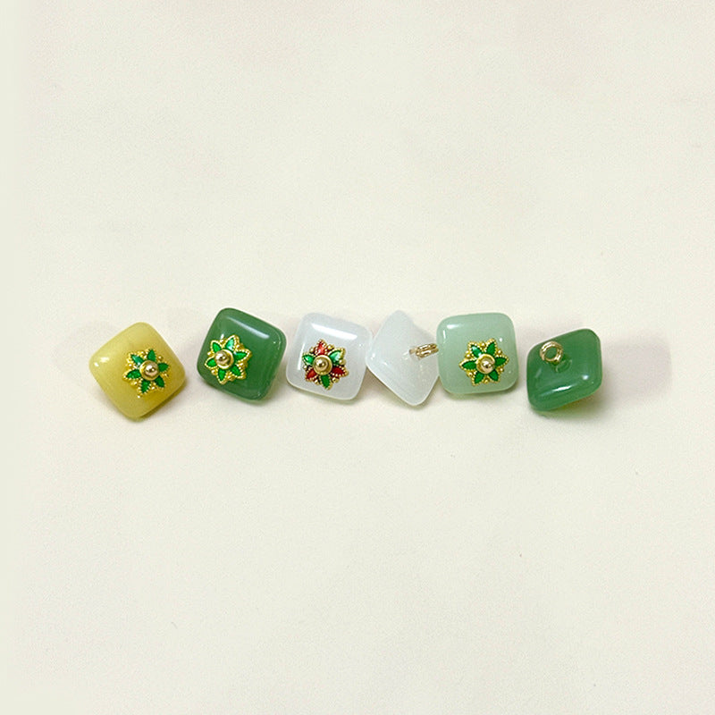 12mm Chinese Style Square Glass Buttons with Flower Base for Tang Suit Hanfu 50pcs