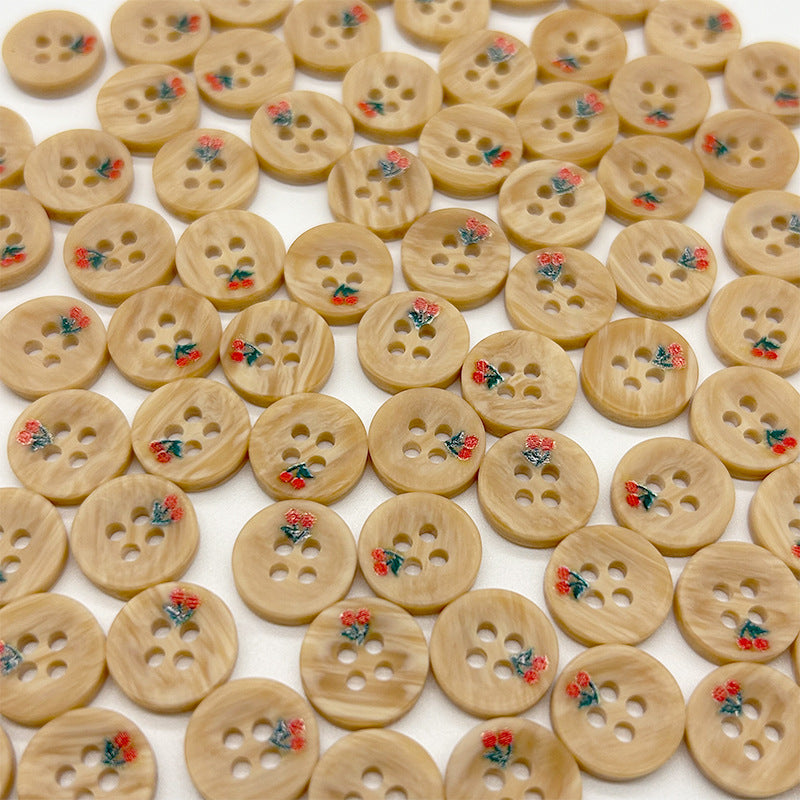 11mm Resin Wood-Grain Imitation Buttons with Cute Red Cherry Design for Shirts 100PCS