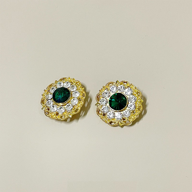 26mm Golden Hollow Metal Buttons with Green Gemstones and Diamond 10PCS