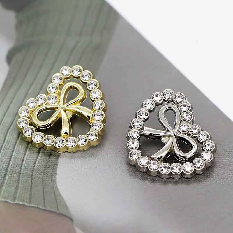 Heart-Shaped Rhinestone-Encrusted Bow Metal Buttons for Women's Dresses 12pcs - Lots of Buttons