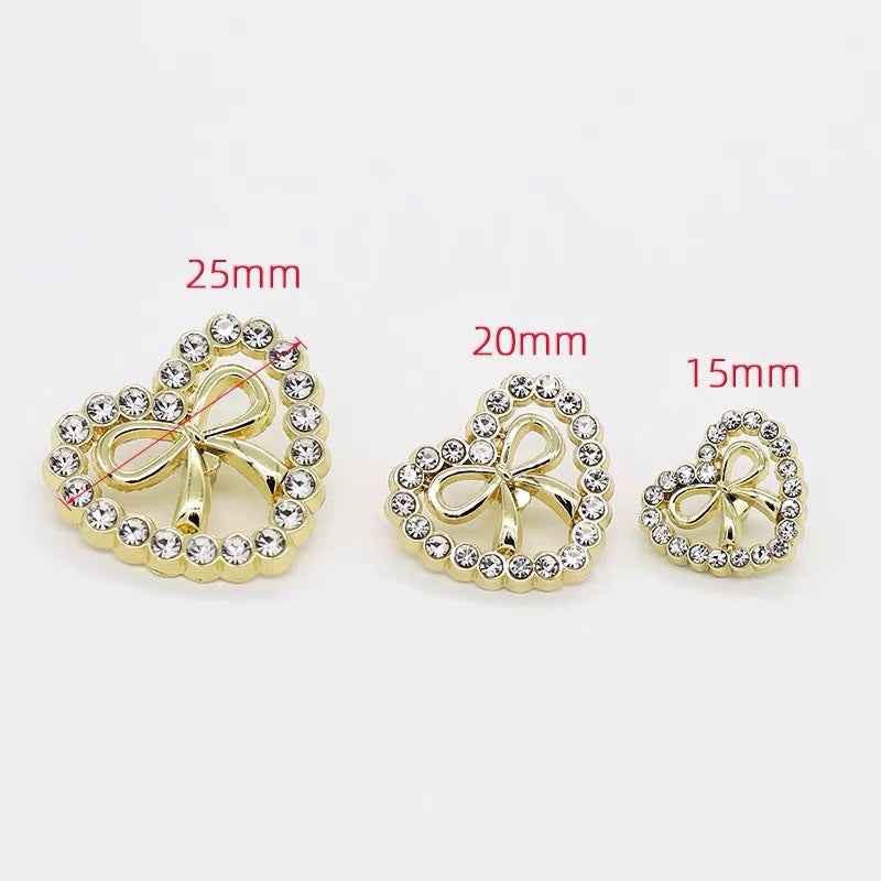 Heart-Shaped Rhinestone-Encrusted Bow Metal Buttons for Women's Dresses 12pcs - Lots of Buttons