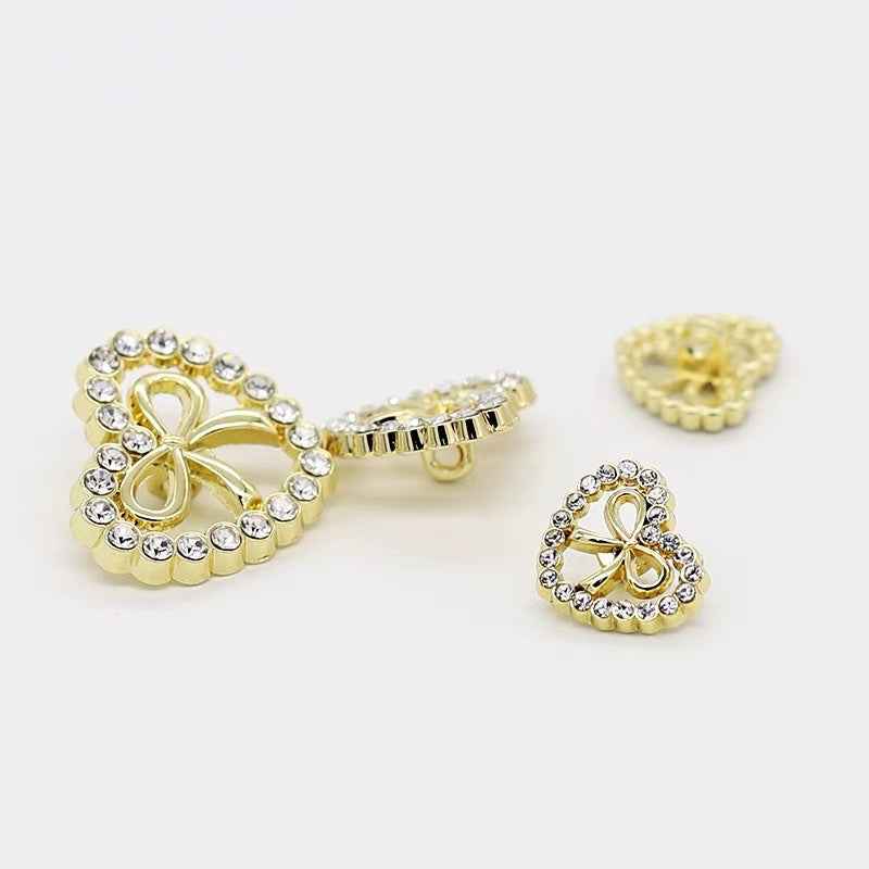 Heart-Shaped Rhinestone-Encrusted Bow Metal Buttons for Women's Dresses 12pcs - Lots of Buttons