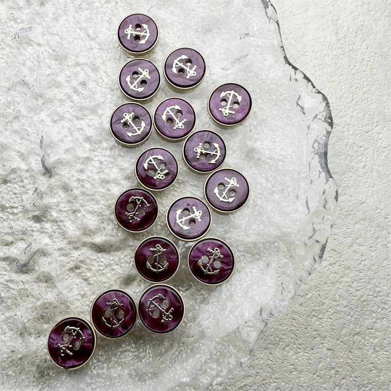 12mm Gray/Magenta Round 2 Hole Resin Alloy Buttons Anchor 20 Pack