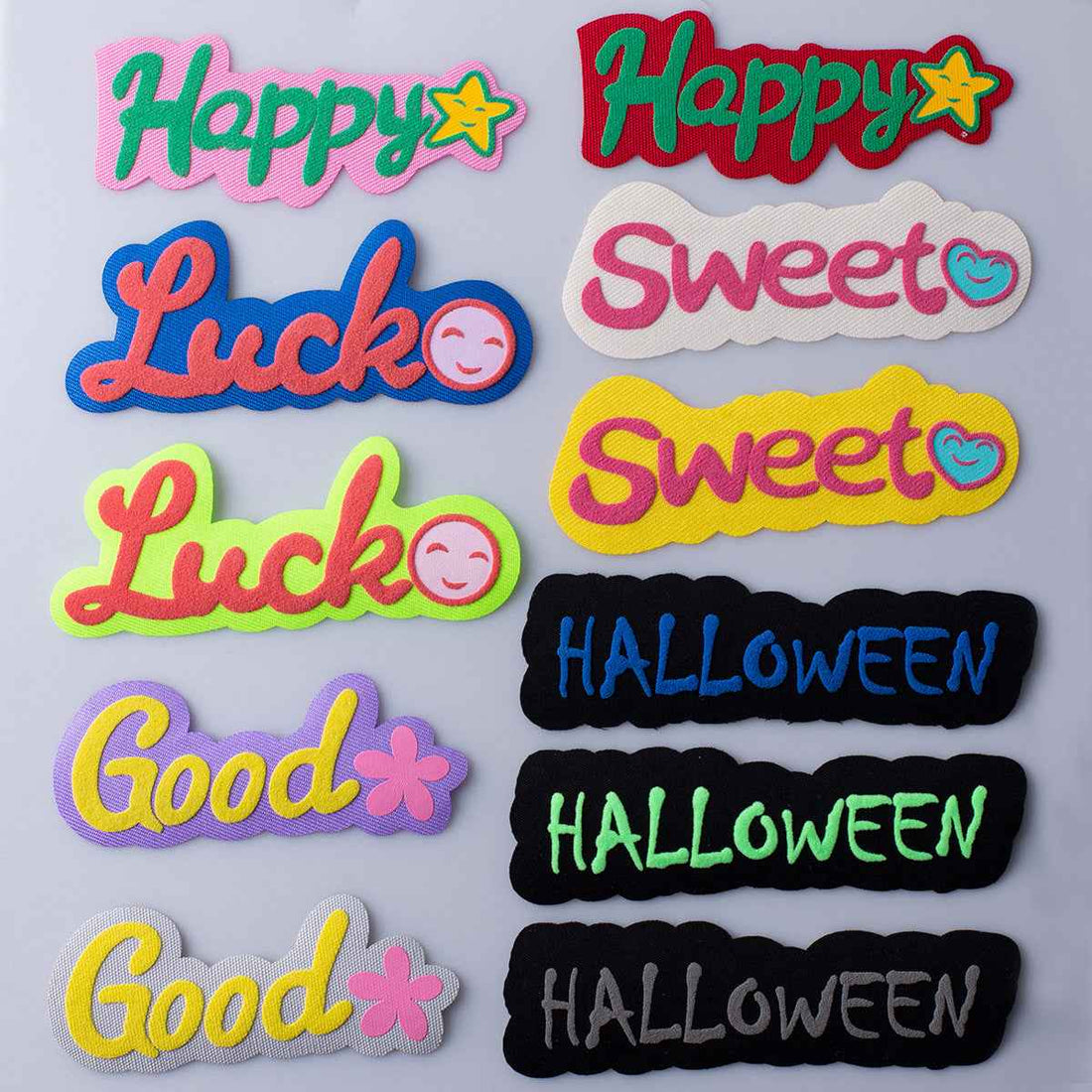 Vivid 3D 'Happy, Luck, Sweet, Good, Halloween' Fabric Patches 11pcs - Lots of Buttons