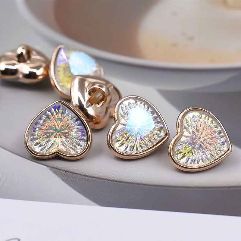 10mm Heart-Shaped Crystal Iridescent Glass Shank Buttons 12pcs