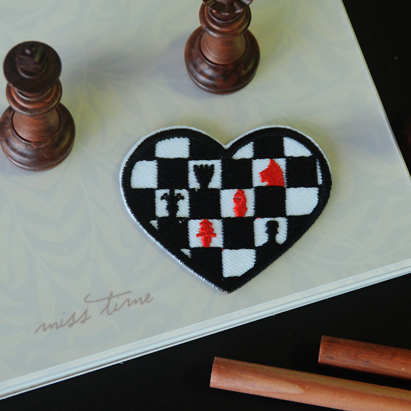 Self-Adhesive Love Heart Chess Embroidered Patches 6pcs