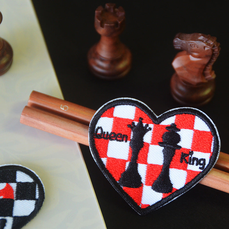 Self-Adhesive Love Heart Chess Embroidered Patches 6pcs