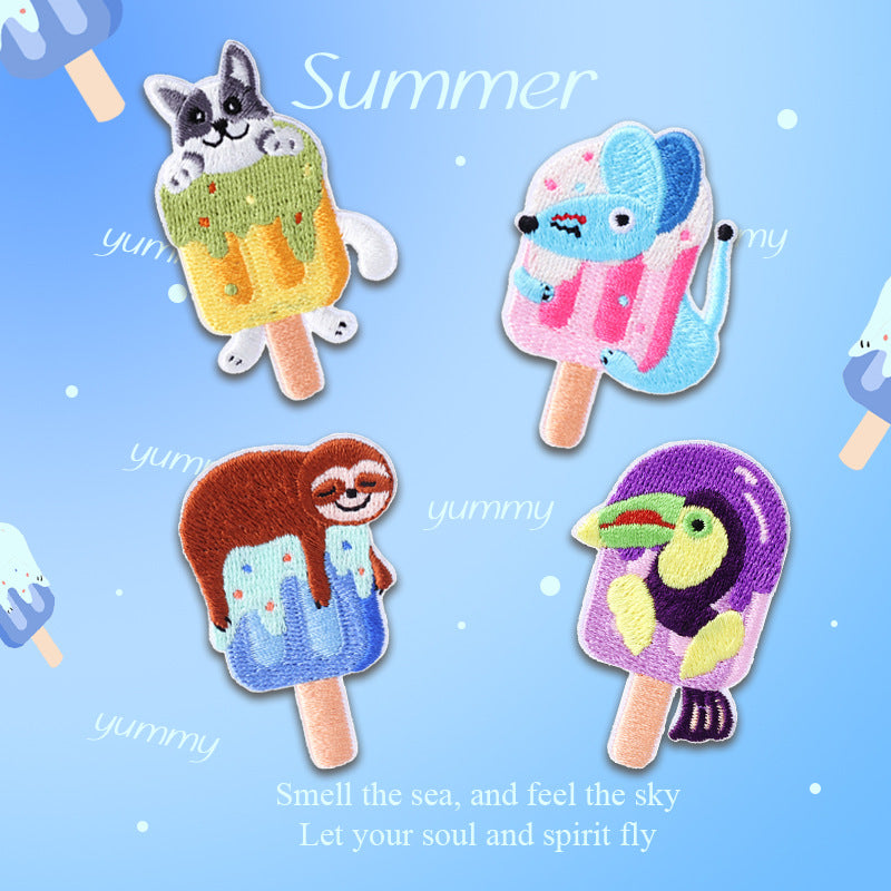 Whimsical Self-Adhesive Animal & Ice Pop Embroidered Patches 4 Pack