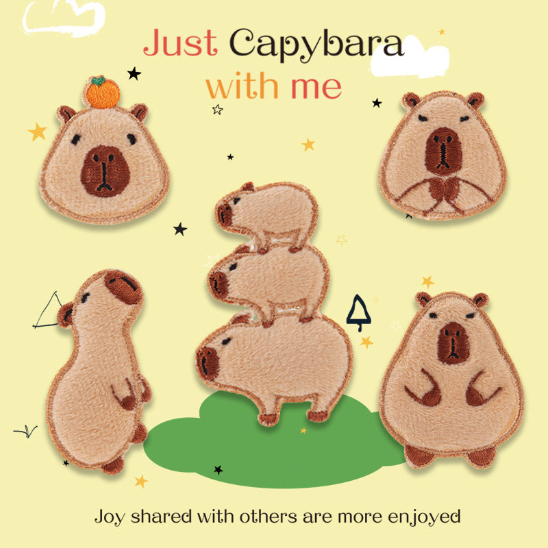 Self-Adhesive Brown Capybara Embroidered Patches 5 Pack