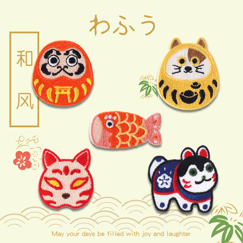 Self-Adhesive Japanese Style Daruma Embroidered Patches 5 Pack