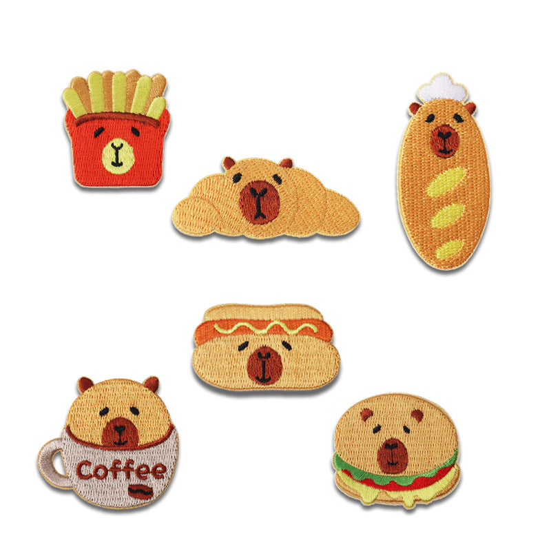 Self-Adhesive Brown Baking Capybara Embroidered Patches 6 Pack