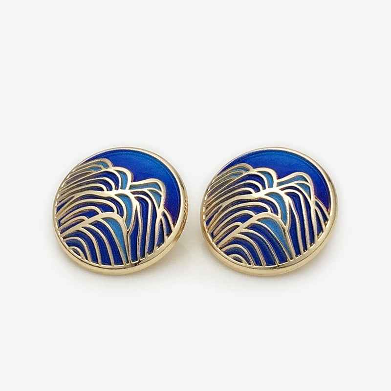 20mm Blue Chinese Landscape Painting Metal Round Shank Buttons 12PCS