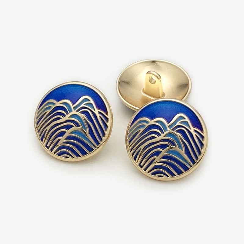 20mm Blue Chinese Landscape Painting Metal Round Shank Buttons 12PCS